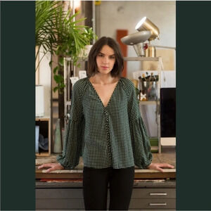 Veronica Beard Green Silk Valentin Blouse 2 Balloon Sleeve